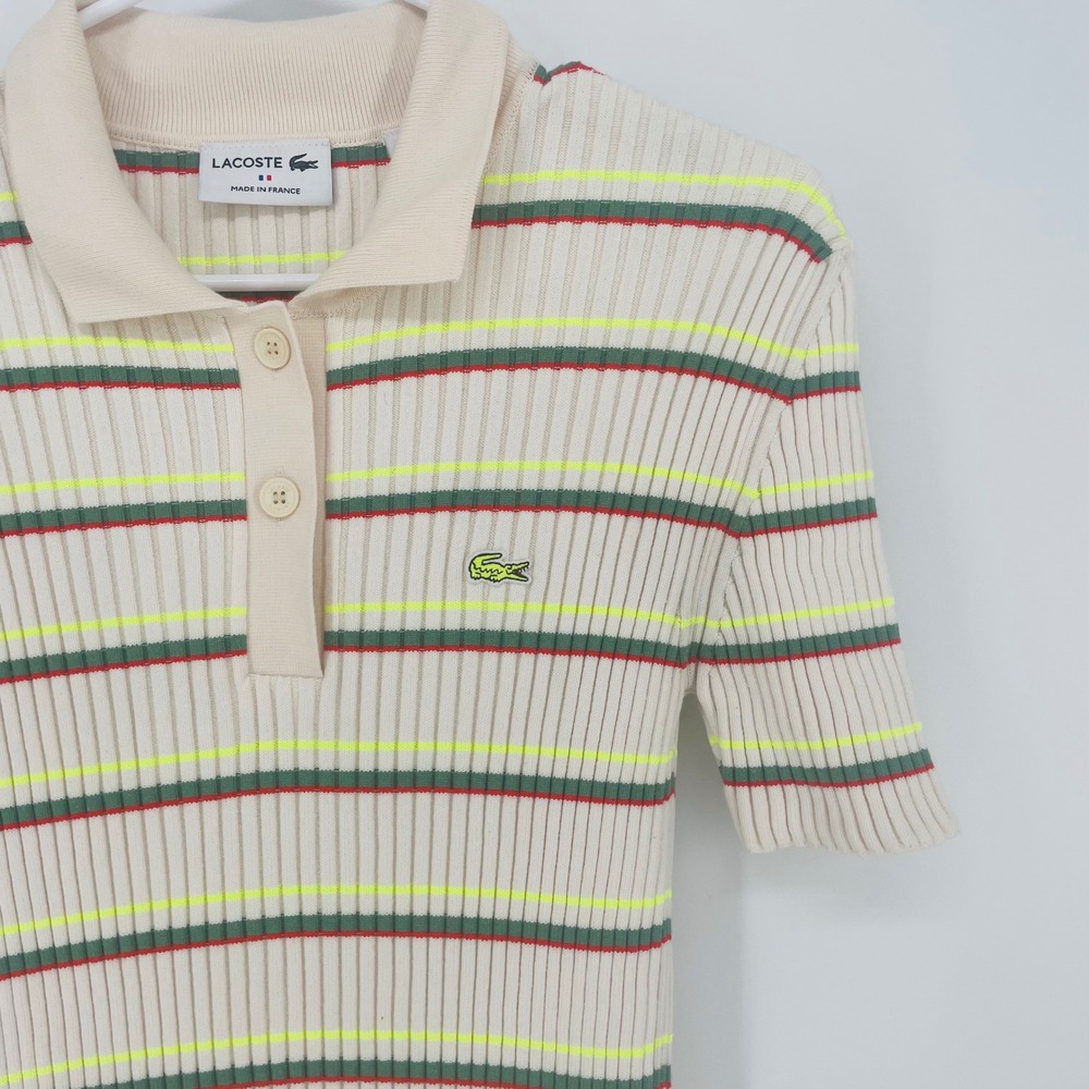 Lacoste Made in France Striped Ribbed Knit Polo Dress Cream Green Red Size 38 - Picture 4 of 13